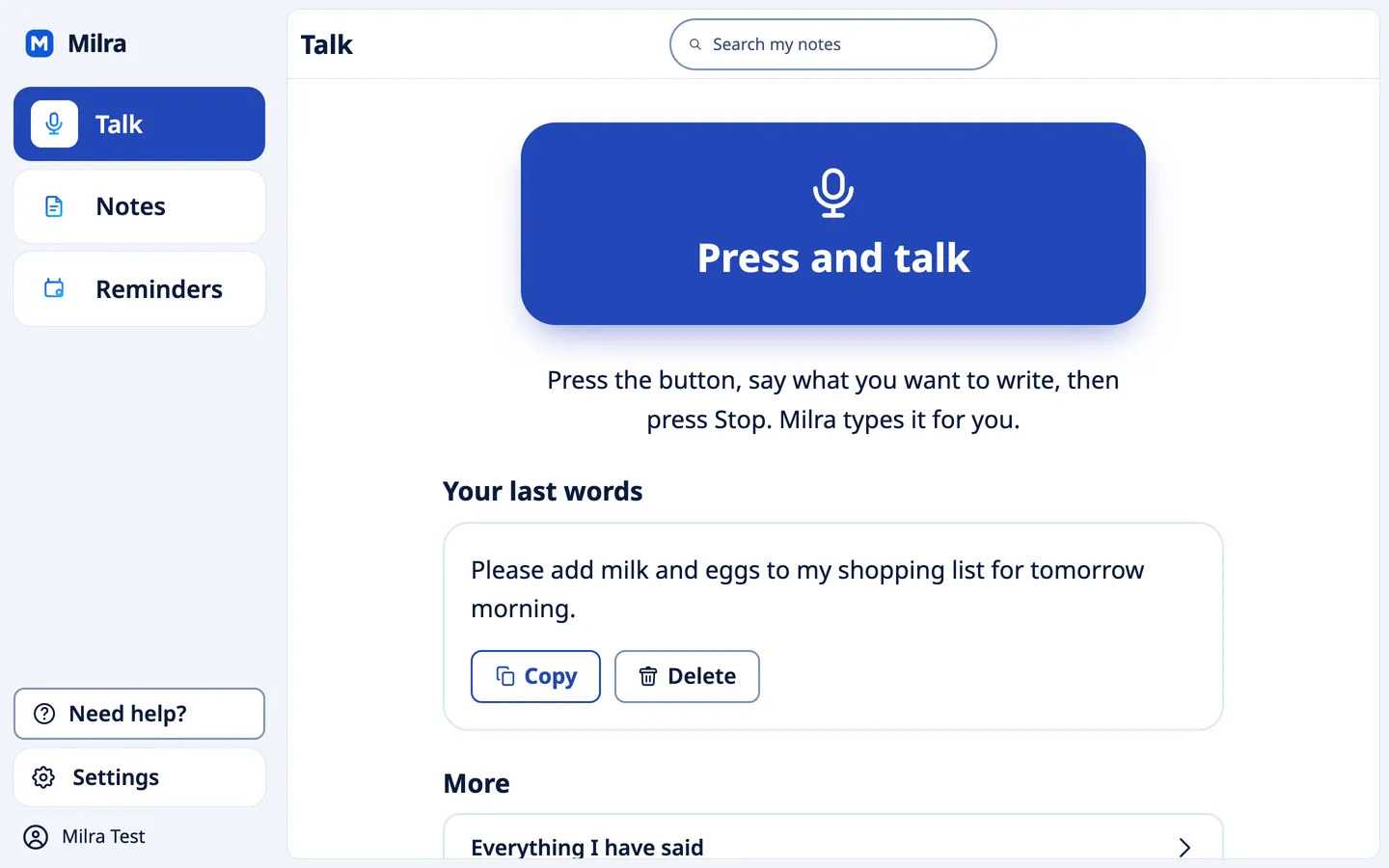 Milra on a Mac. A big blue button says Press and talk, with your last words under it.
