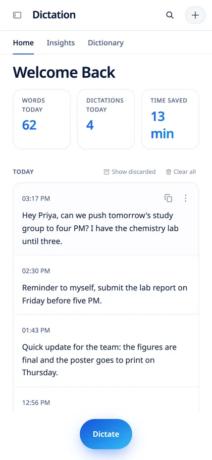 Milra on iPhone showing the same dictation history.